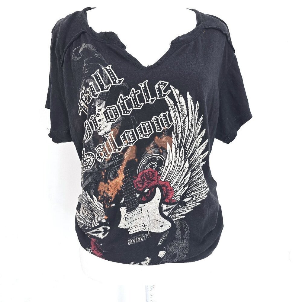 Vintage 90s Full Throttle Saloon Sturgis Moto Studded Guitar Black Shirt Large